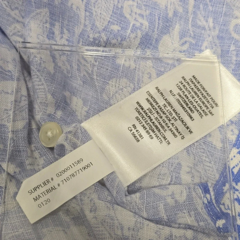Ralph Lauren Button Down Shirt Mens XXL Blue White Linen Hawaiian Aloha Classic